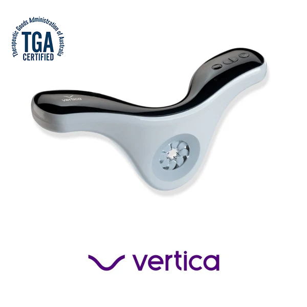 Vertica® device, a TGA-certified product designed to improve men's sexual health by addressing erectile dysfunction. This non-invasive device utilizes Radio Frequency (RF) technology to rejuvenate penile tissues, enhancing erection quality over time. The sleek, ergonomic design features a black and gray Y-shaped structure with control buttons on the top and a circular stimulation mechanism at the center. The Vertica® logo is displayed at the bottom, and the Therapeutic Goods Administration (TGA) certification logo is shown in the top-left corner.