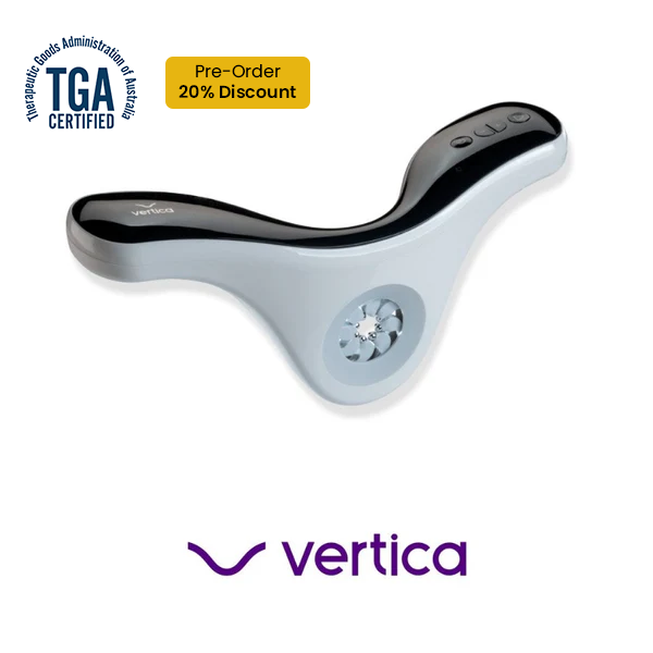 Vertica® device, a TGA-certified product designed to improve men's sexual health by addressing erectile dysfunction. This non-invasive device utilizes Radio Frequency (RF) technology to rejuvenate penile tissues, enhancing erection quality over time. The sleek, ergonomic design features a black and gray Y-shaped structure with control buttons on the top and a circular stimulation mechanism at the center. The Vertica® logo is displayed at the bottom, and the Therapeutic Goods Administration (TGA) certification logo is shown in the top-left corner.